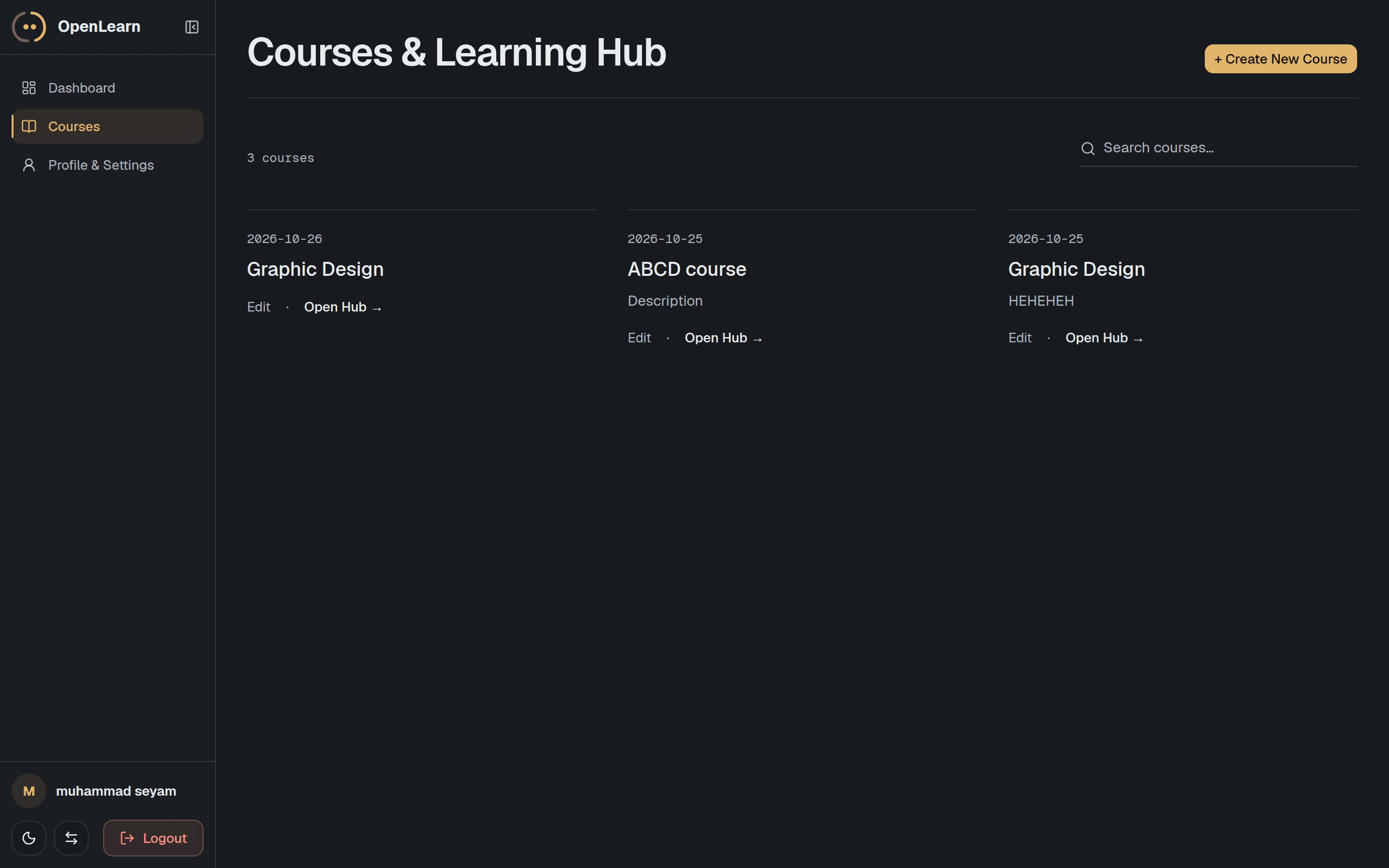 The OpenLearn AI courses workspace as it renders today, with the current course list